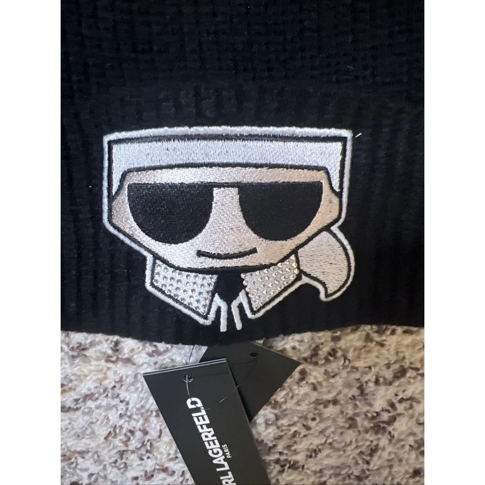 KARL LAGERFELD PARIS New Women's Faux-Fur Pom Rhinestone Karl Beanie‎ BLACK